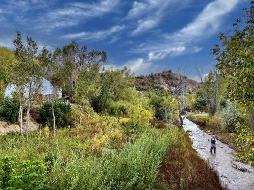 a person walking along a river in a field at Zen Zion Evergreen Dome in Glendale
