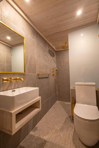 a bathroom with a toilet and a sink and a mirror at Authentic Maltese Boutique Holiday Home with Rooftop Pool - Moon Townhouse in Cospicua