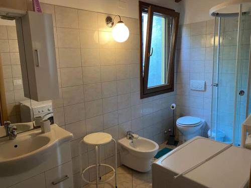 a bathroom with a sink and a toilet and a mirror at Appartamento "Casa Anna" in Trieste