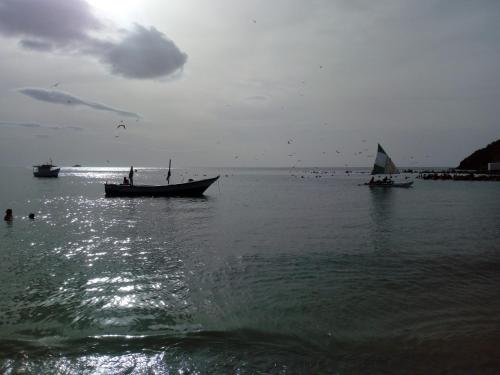 a boat and a sail boat in the water at Posada la Arcadia in Pedro Gonzalez
