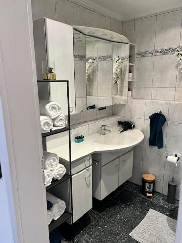 a bathroom with a sink and a mirror at Hochwertige Wohnung Frechen City in Frechen