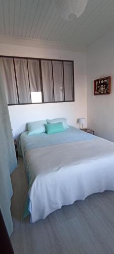 a bedroom with a large white bed with blue pillows at Ancienne maison de pêcheurs rénovée à Sète in Sète