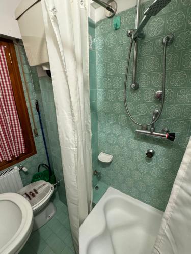 a bathroom with a shower with a toilet and a sink at Sestriere monolocale in Sestriere