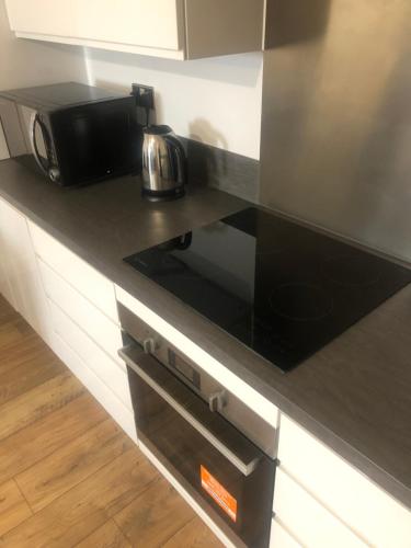 una cucina con piano di lavoro nero e forno a microonde di Luxury Kingsize Bedroom with Private Bathroom a Northolt