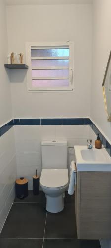a bathroom with a white toilet and a sink at Les Gîtes Kajou in Bouillante