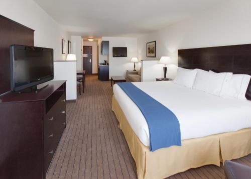 a hotel room with a large bed and a flat screen tv at Holiday Inn Express & Suites - Omaha I - 80, an IHG Hotel in Gretna