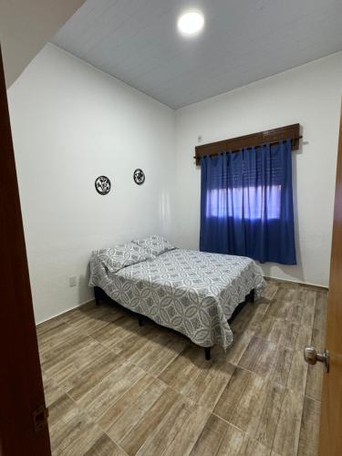 a bedroom with a bed and a blue curtain at Mercedes Centro Apartamentos Uruguay in Mercedes