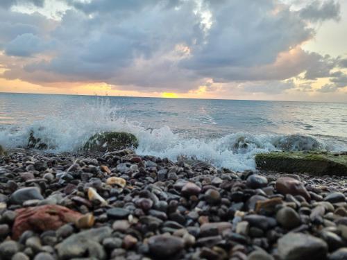 a rocky beach with the ocean in the background at Cabañas y Restaurante Miss Elma in Providencia