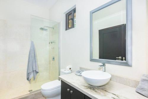 a bathroom with a sink and a toilet and a mirror at Luxury 3 Bdrms villa with private-pool and full-concierge in Roatan