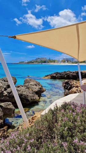 a beach with an umbrella and the ocean at City center apartment Kélibia in Kelibia