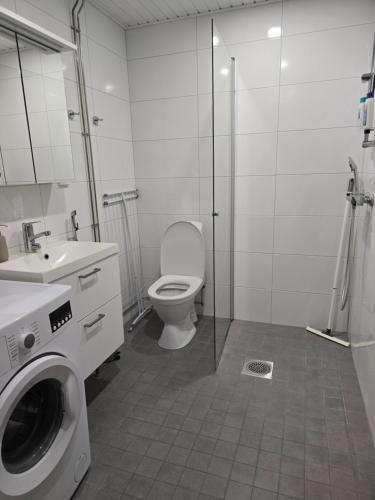 La salle de bains est pourvue de toilettes et d'un lave-linge. dans l'établissement Uusi kotoisa kaksio yksityissaunalla, à Rovaniemi