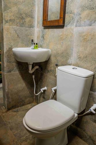 a bathroom with a white toilet and a sink at Bambara Ella Agro Resort & Camping in Haputale