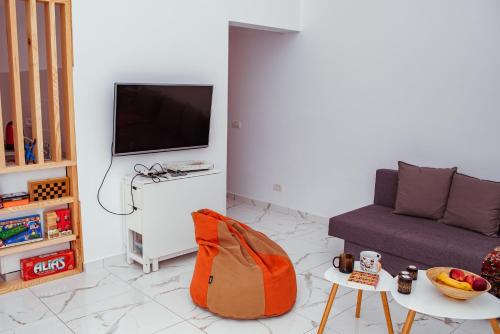a living room with a couch and a television at Cuibul Negru in Teşila
