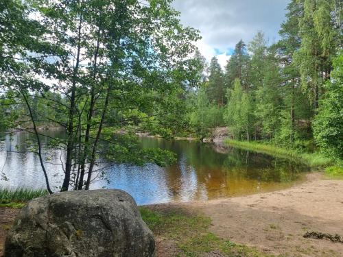 a rock in front of a river with trees at Viihtyisä huvila saunalla Korpilammella in Espoo