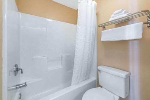 a bathroom with a white toilet and a shower at Quality Inn Palm Bay - Melbourne I-95 in Palm Bay