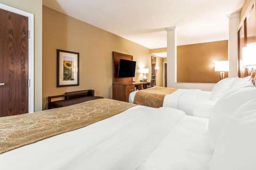 a hotel room with two beds and a television at Comfort Suites University Brookings in Brookings