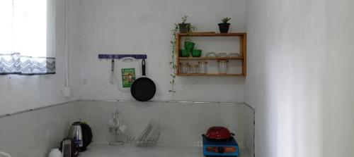 a kitchen with a counter with a sink and a shelf at Rustic Inn in Mirissa