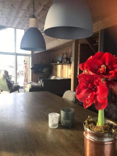 a vase with a red flower sitting on a table at Flott hytte på Vågsli nær Haukelifjell skisenter og skiløyper in Vågsli
