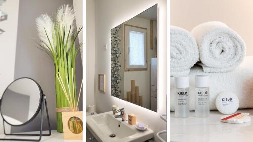 - deux photos d'une salle de bains avec lavabo et miroir dans l'établissement Gîte Unique Le Caijonet proche de Disneyland, Aeroport CDG, Paris, à Villeparisis