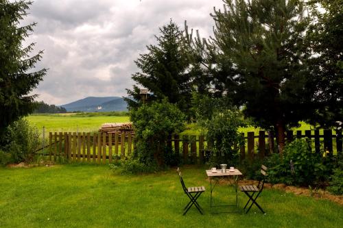 a table and chairs in a yard with a fence at Chalupa v Meziluzi in Meziluží