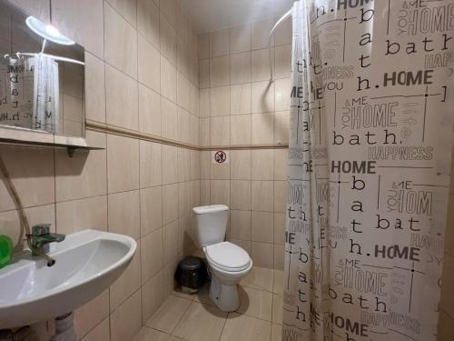 a bathroom with a toilet and a sink and a shower curtain at Pechersk House in Kyiv
