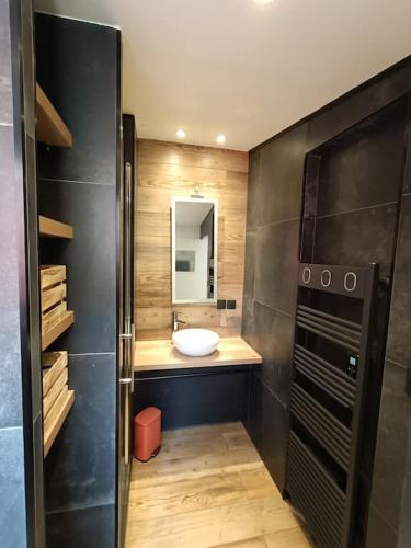 une salle de bain avec un lavabo et un miroir dans l'établissement Maison de vacances près de la digue et plage, à Dunkerque