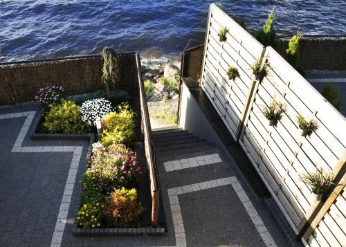 a set of stairs with flowers and the ocean at Apartamenty 5 metrów od morza in Rewa