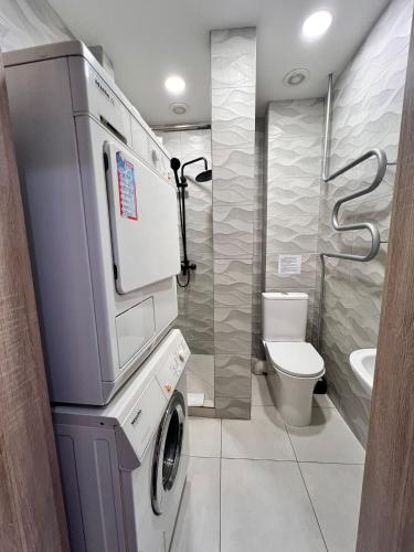 a bathroom with a washing machine and a toilet at Klaipeda INN Private Parking and Kitchen in Klaipėda