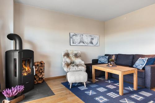 a living room with a couch and a wood stove at Naturopplevelser året rundt i Valdres Ski in out Panoramautsikt in Aurdal