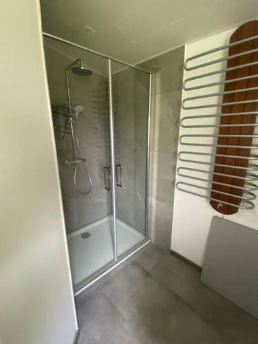 une salle de bain avec une douche avec une porte vitrée dans l'établissement La Mignardise, à Mignavillers