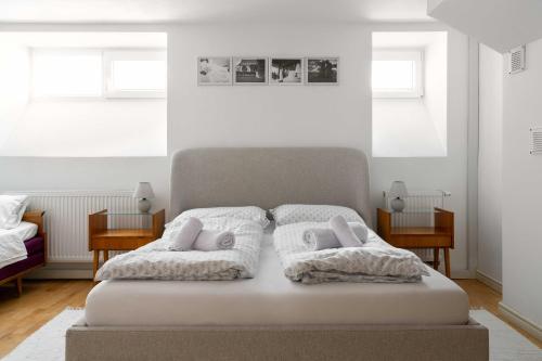 a bedroom with a bed with two pillows on it at Elegantný Art Deco byt v Banskej Bystrici in Banská Bystrica