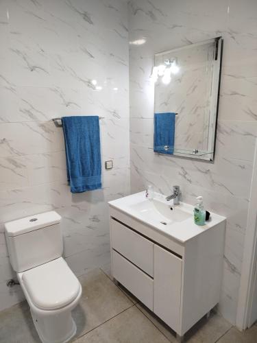 a white bathroom with a toilet and a sink at Pôr do Sol in Ribeira Grande