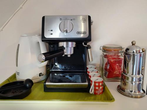 - une cafetière assise sur un plateau vert dans l'établissement Studio au 2e étage de notre maison de ville, à Caen