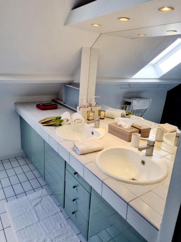 une salle de bain avec deux lavabos et un miroir dans l'établissement Belle Maison d'Art Verdoyante & jardin, à Saint-Rémy-lès-Chevreuse