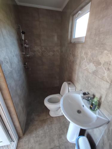 a bathroom with a white toilet and a sink at Olesya Guesthouse in Mtsvane Kontskhi