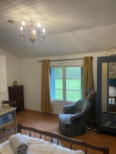 un salon avec une chaise et un lustre dans l'établissement Dog friendly gîte with private Garden, jacuzzi and pool, à Penne-dʼAgenais