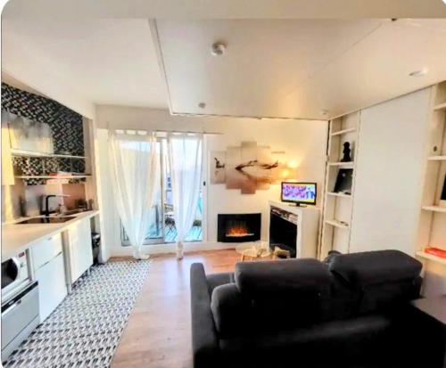 ein Wohnzimmer mit Couch und Kamin in der Unterkunft Studio meublé vue tour Eiffel et tout Paris in Saint-Maurice