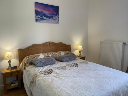 une chambre avec un lit avec deux tables de nuit et deux lampes dans l'établissement Appartement moderne et confortable avec navette au pied, à Samoëns ! - FR-1-624-113, à Samoëns