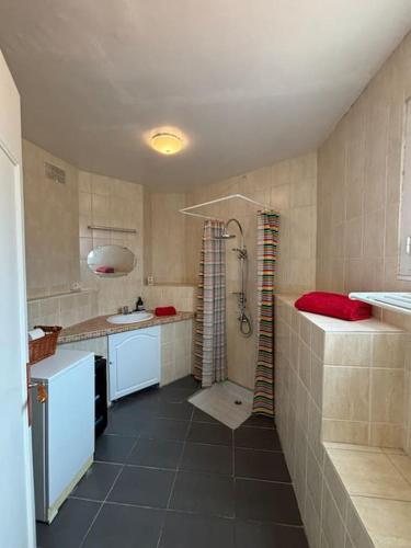 une cuisine avec un évier et une douche. dans l'établissement Holiday home in Axat, à Axat