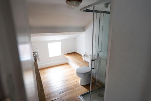 a bathroom with a toilet and a glass shower at Without A Paddle Hotel in Llangollen