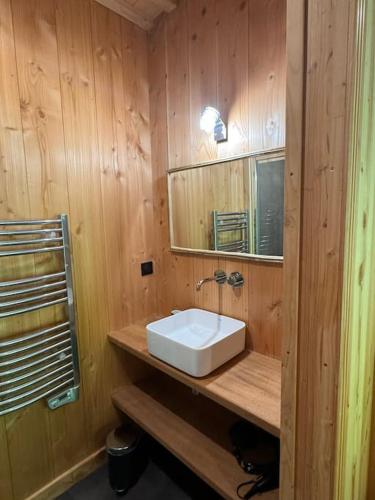 La salle de bains en bois est pourvue d'un lavabo et d'un miroir. dans l'établissement La kabane de Manou, maison de charme Cap Ferret, à Bélisaire