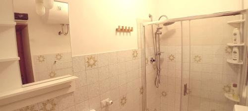 a bathroom with a shower with a glass door at Monolocale Il Capriolo - Abetone in Abetone