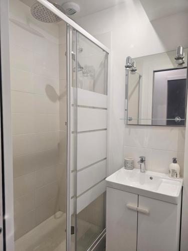une salle de bain blanche avec une douche et un lavabo dans l'établissement Chez Camille, à Dieppe
