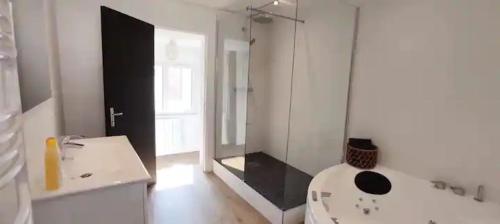 une salle de bain avec une douche, un lavabo et des toilettes dans l'établissement L'idylle dieppoise, à Dieppe