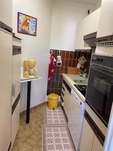 une cuisine avec un évier et une cuisinière four supérieur dans l'établissement Chez chris, à Sète