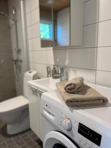a bathroom with a washing machine and a sink at Kampuksen Tähti in Pori