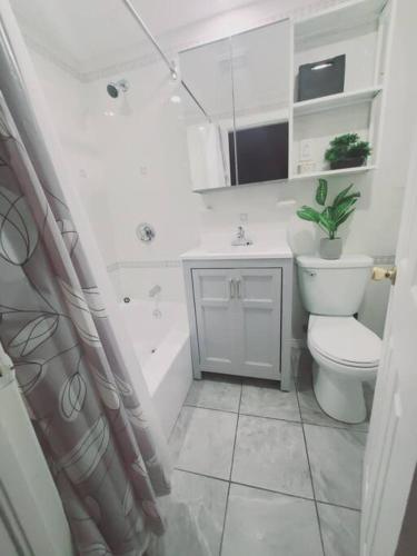 a white bathroom with a toilet and a sink at Le cosy for familys, home work in Longueuil