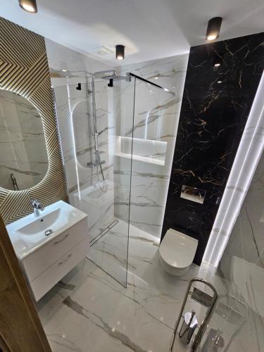a bathroom with a sink and a shower and a toilet at Noclegi APART Gorlice in Gorlice