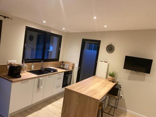 La cuisine est équipée d'un comptoir, d'un évier et d'un réfrigérateur. dans l'établissement Charmant studio pont de Kerino-Chorus-Conleau, à Vannes