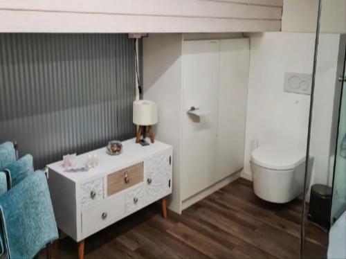 a bathroom with a white cabinet and a toilet at Muota River Loft & Muota Industry Apartment near Stoos in Muotathal